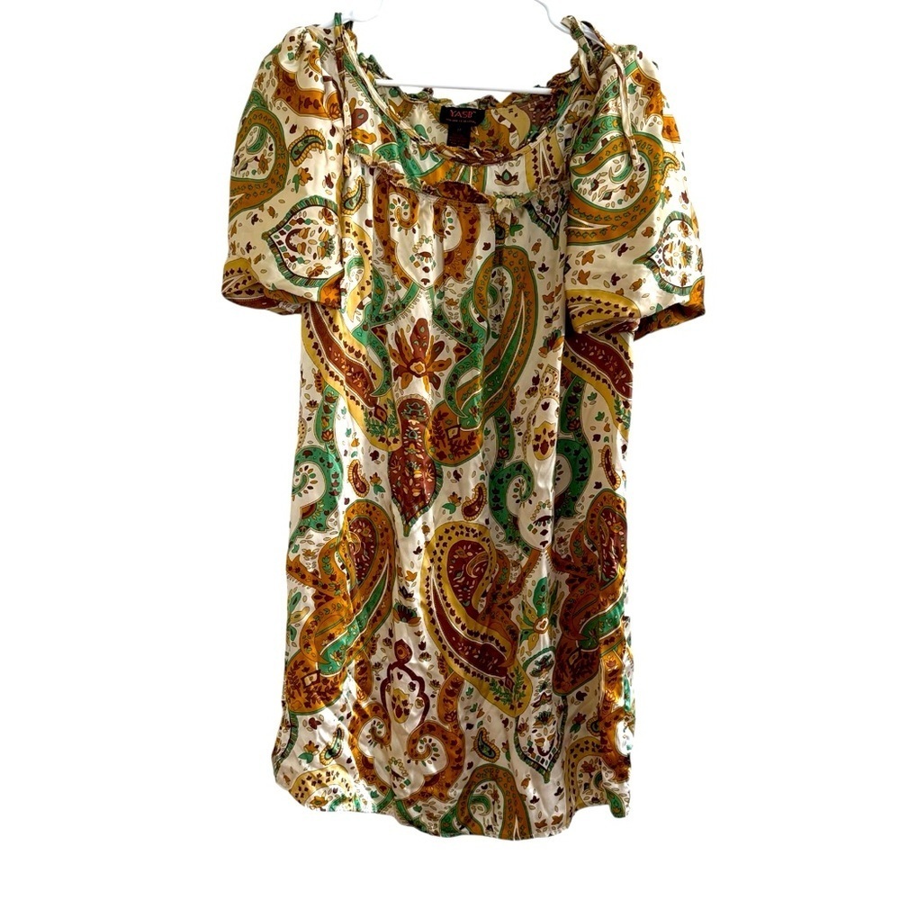 Yasb Silk 100% Silk Dress Tunic Green Gold short sleeve Artsy Size M